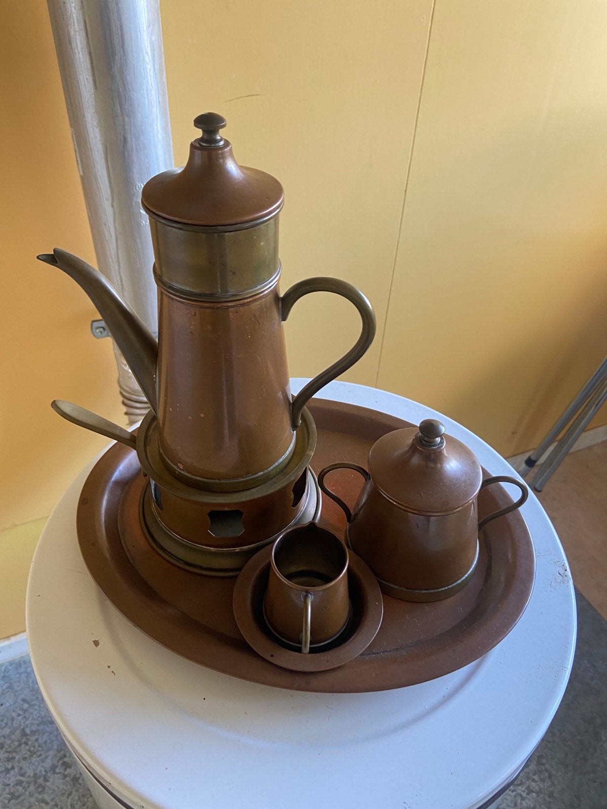 Antieke Koperen Koffiepot Set met Dienblad, Ophalen of Verzenden, Koper