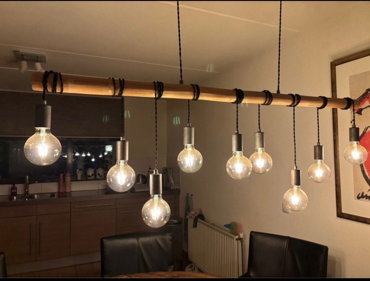 Unieke Bamboe Hanglamp met 9 Fittingen - 140 cm, Ophalen, Zo goed als nieuw, Natuurlijk materiaal, E27 (groot)