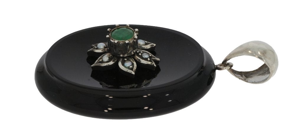 Smaragd antiek grote 14k gouden ketting hanger onyx bloem, Ophalen of Verzenden, Goud, Hanger, Met edelsteen