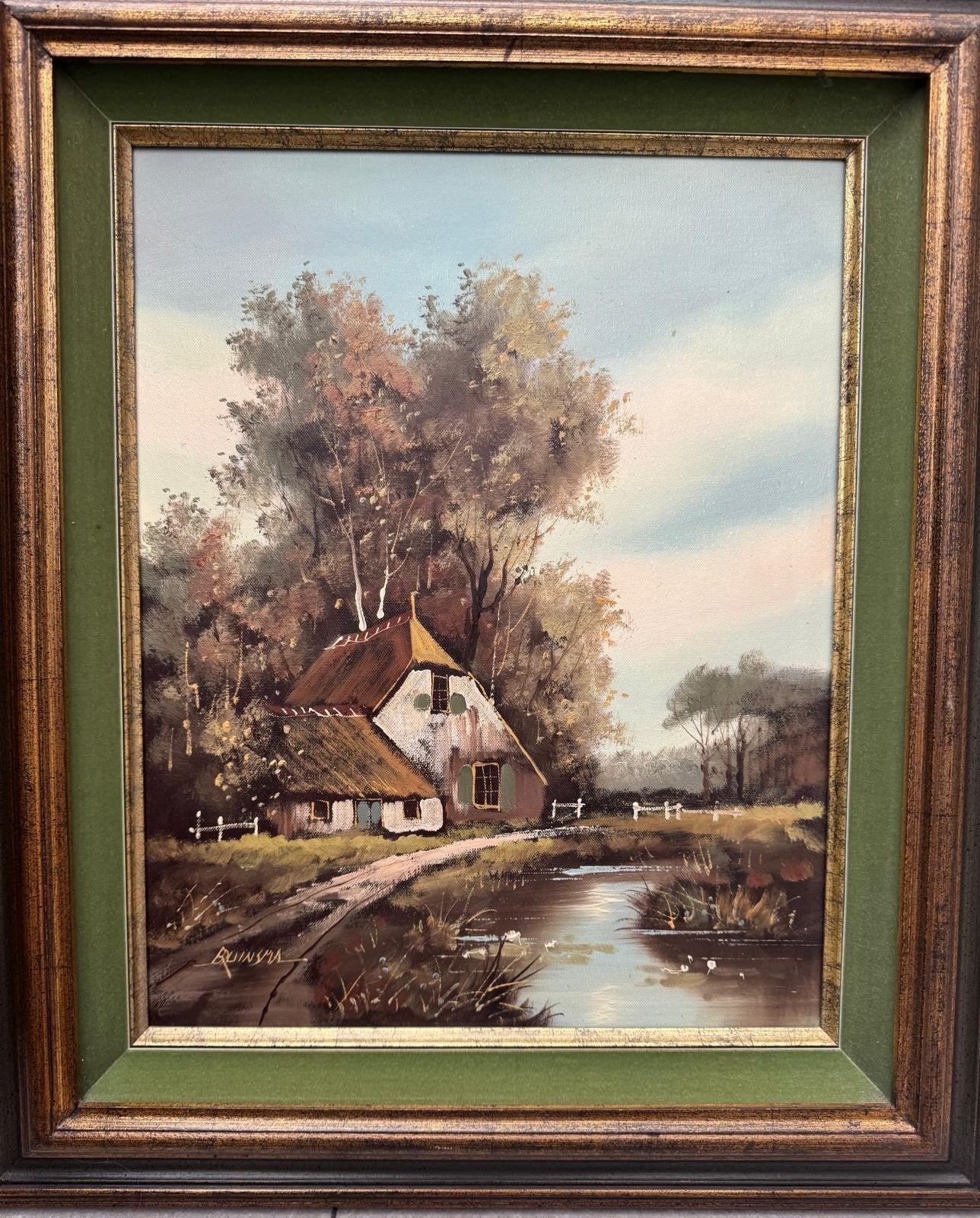 Schilderij - Landelijk tafereel met huisje aan het water, Antiek en Kunst, Ophalen, Doek, Realistisch, Gesigneerd