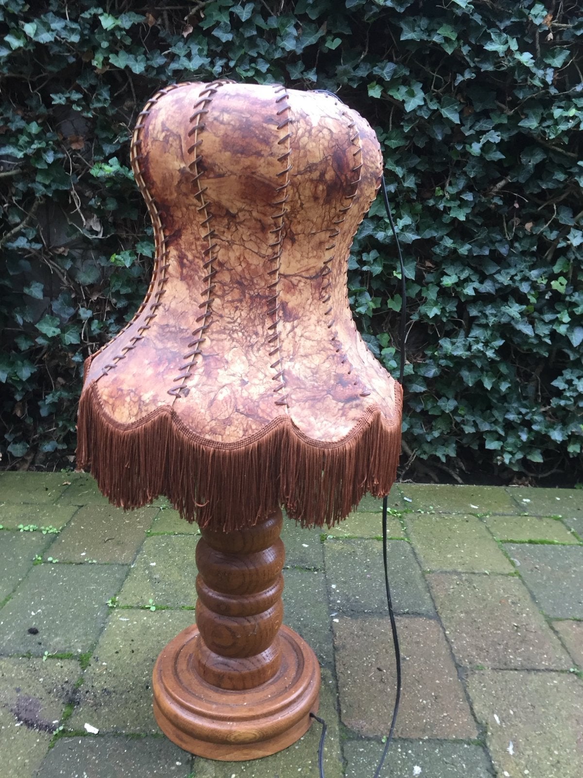 Vintage Tafellamp met Houten Voet en Lederen Kap, Ophalen