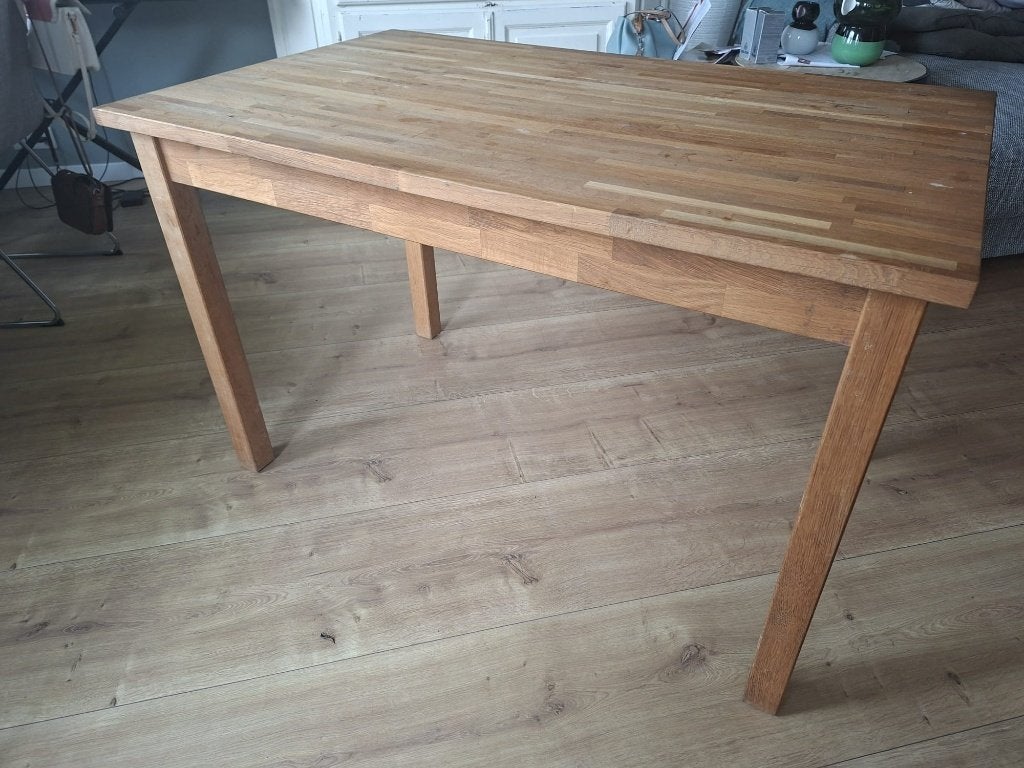 IKEA Ekensberg Eettafel + 4 Beige Kuipstoelen (Complete Set), Ophalen, Gebruikt, 100 tot 150 cm, Eikenhout