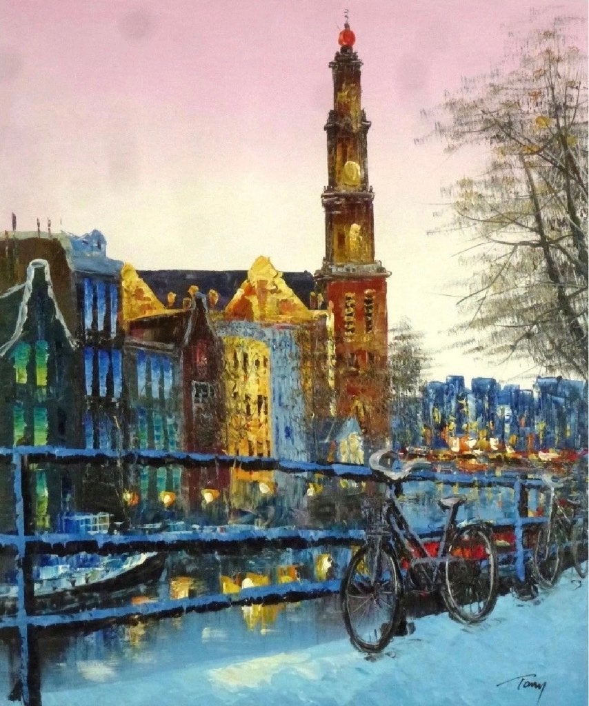Schilderij Amsterdamse Gracht met fietsen - 60x50 cm, Antiek en Kunst, Ophalen of Verzenden, Textiel, Olieverf, Stadsgezicht
