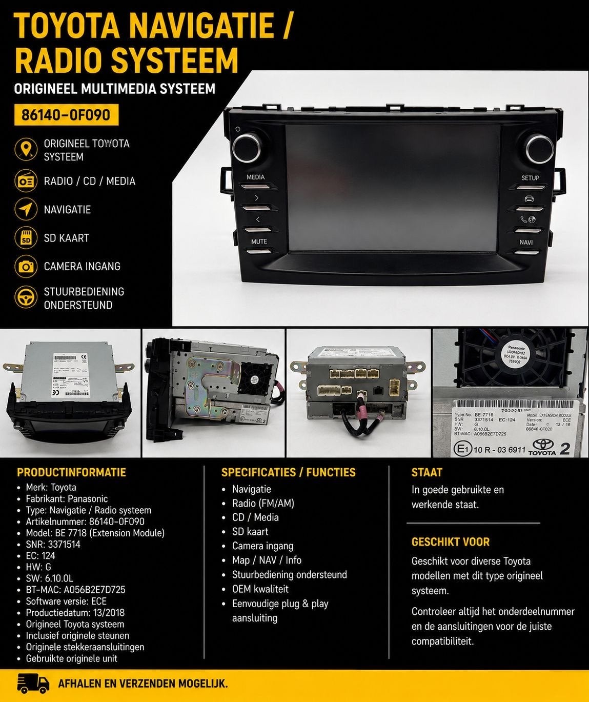 Toyota Origineel Navigatie / Radio Systeem Panasonic 86140-0, Ophalen of Verzenden, Gebruikt