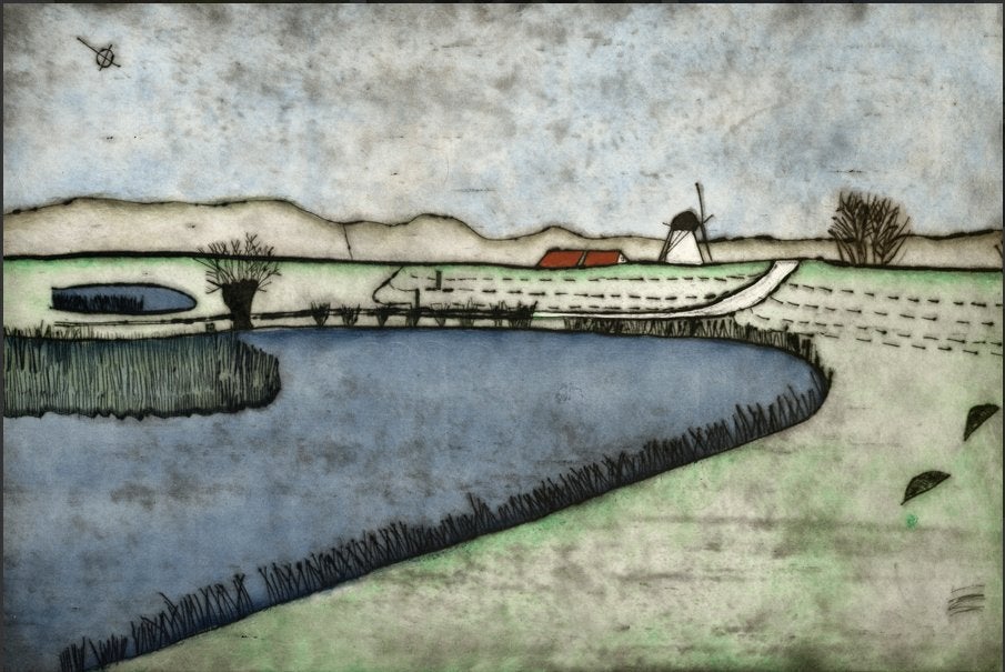 Origineel ingelijste landschap-ETS van Jan Ritzema, Ophalen, Ets, Met ophangsysteem