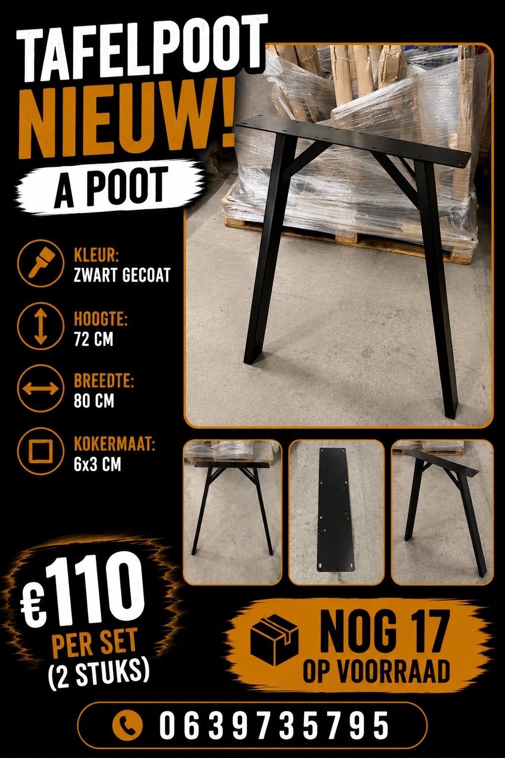 Nieuwe Zwart Gecoate Tafelpoot - A Poot (Set van 2), Huis en Inrichting, Tafelonderdelen, Ophalen, Tafelpoot, 50 tot 100 cm, Nieuw