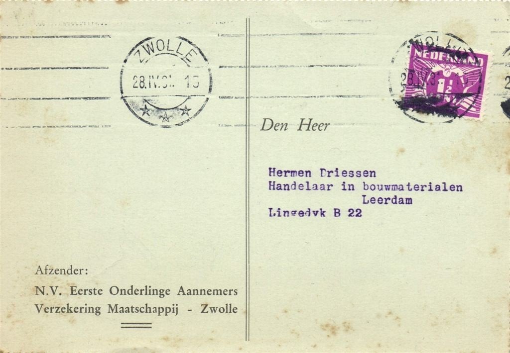 NV Eerste Onderlinge Aannemers Verzekering Maatschappij, Zwo, Ophalen of Verzenden, Briefkaart