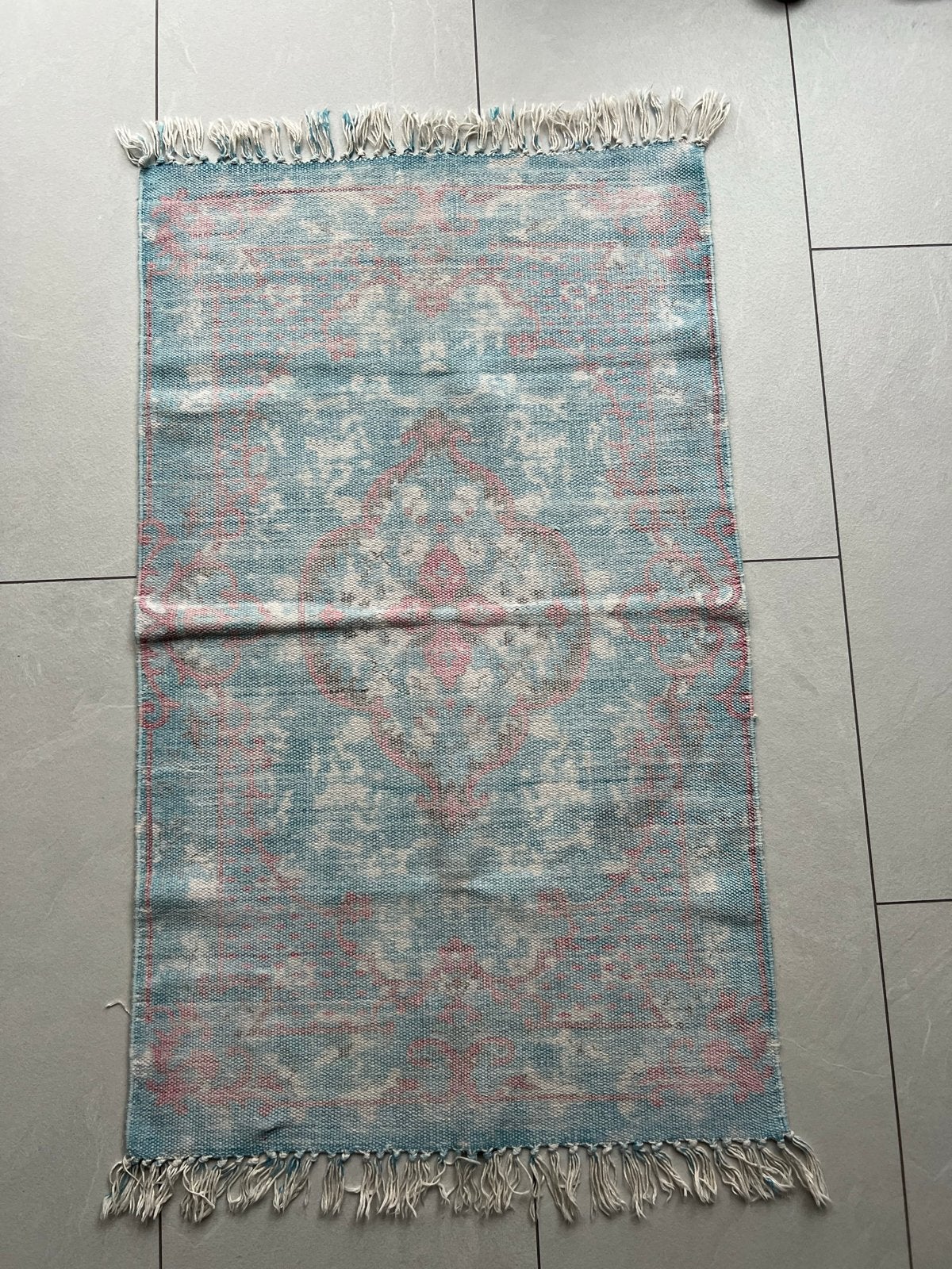 Riviera Maison Vloerkleed 60x90 cm - Blauw/Roze Katoen, Ophalen, Minder dan 50 cm, Gebruikt, 50 tot 100 cm