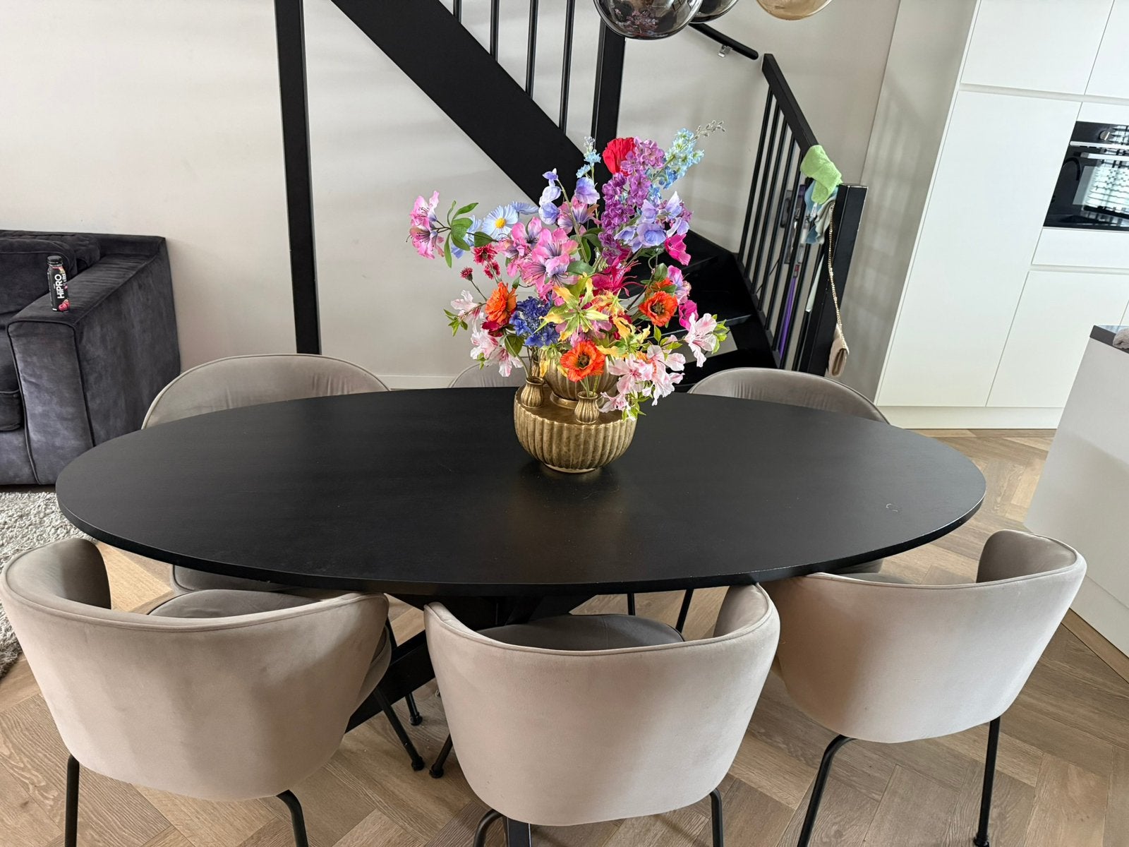Tafel met zes velvet stoelen, Huis en Inrichting, Ophalen, Gebruikt, 200 cm of meer, 50 tot 100 cm