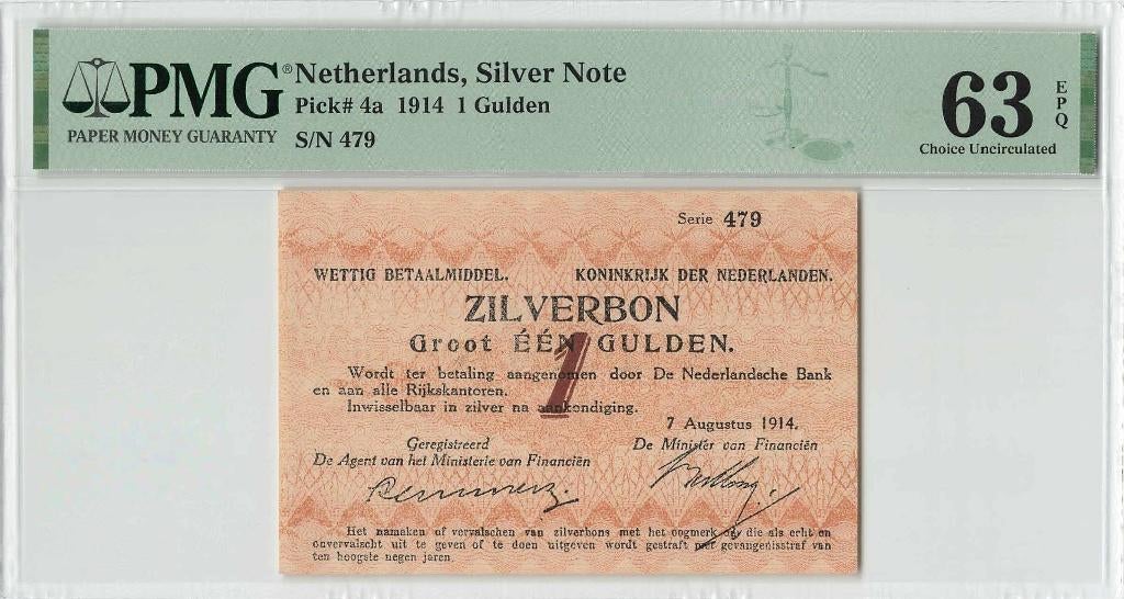 UNC biljet 1 gulden zilverbon, 1914 | PMG 63 EPQ, Postzegels en Munten, Bankbiljetten | Nederland, Ophalen of Verzenden, 1 gulden