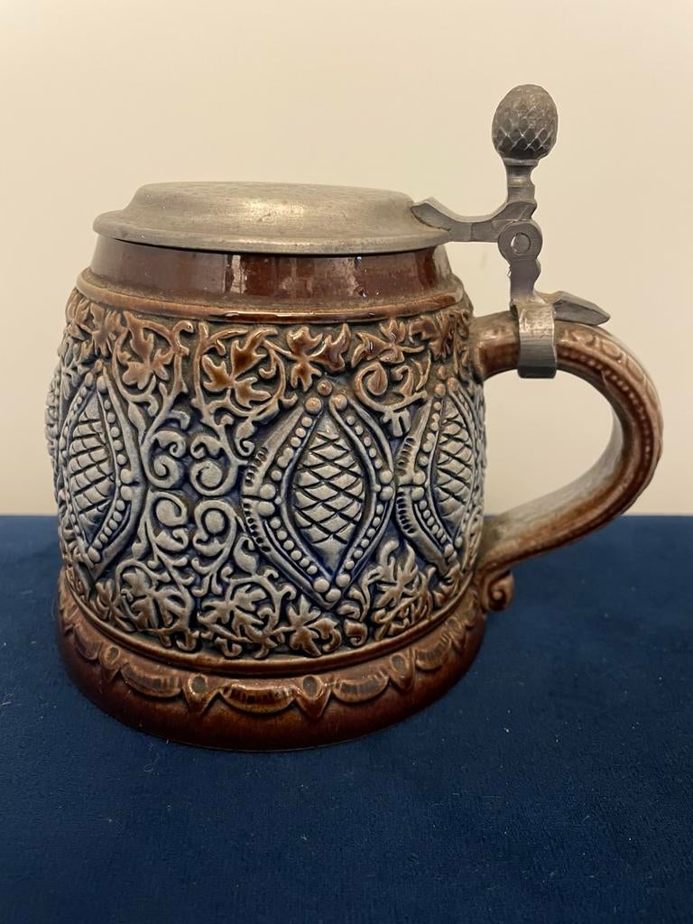 Vintage “King Austria” steengoed bierpul met tinnen deksel, Antiek en Kunst, Ophalen of Verzenden