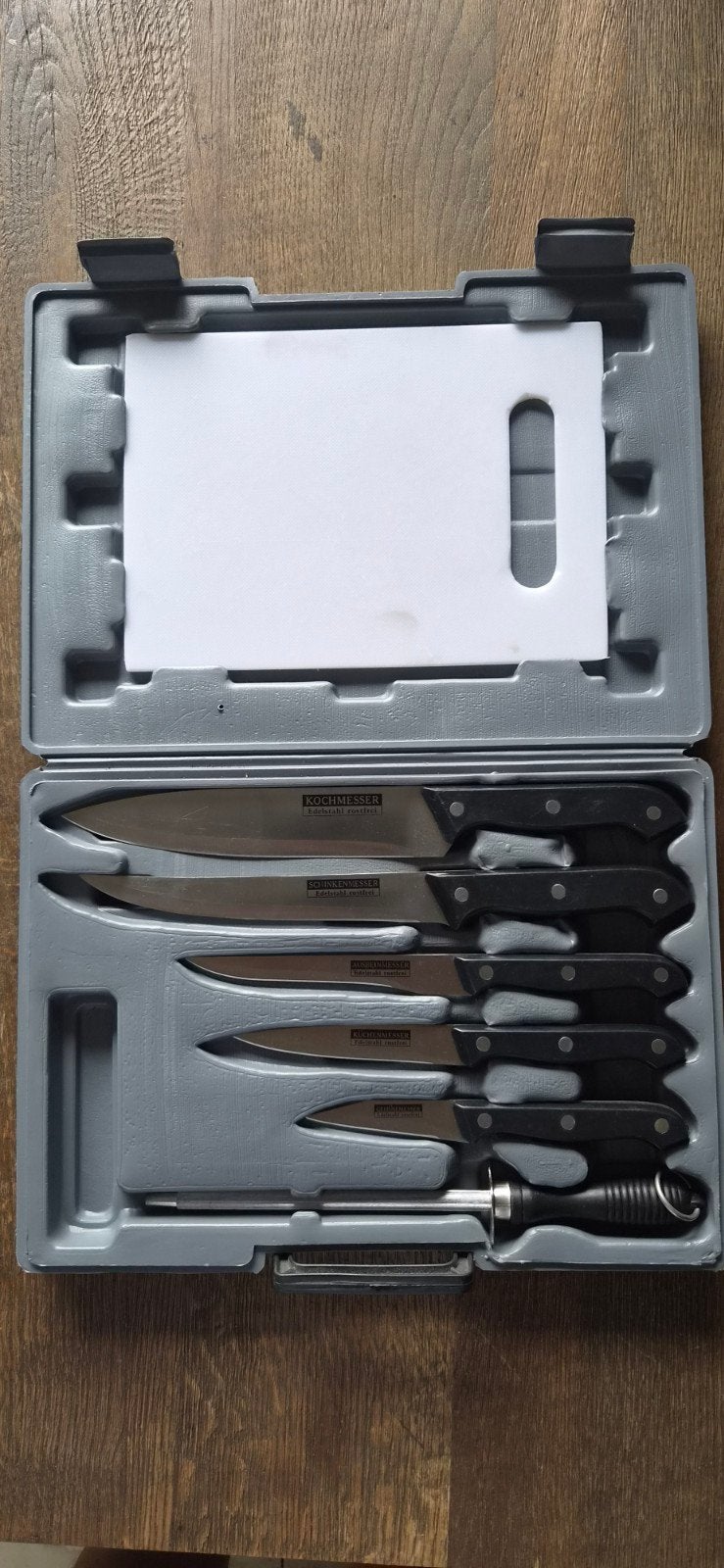 Messenset Edelstaal roestvrij met koffer, Huis en Inrichting, Keuken | Bestek, Gebruikt, Los bestek, Ophalen of Verzenden, Rvs of Chroom