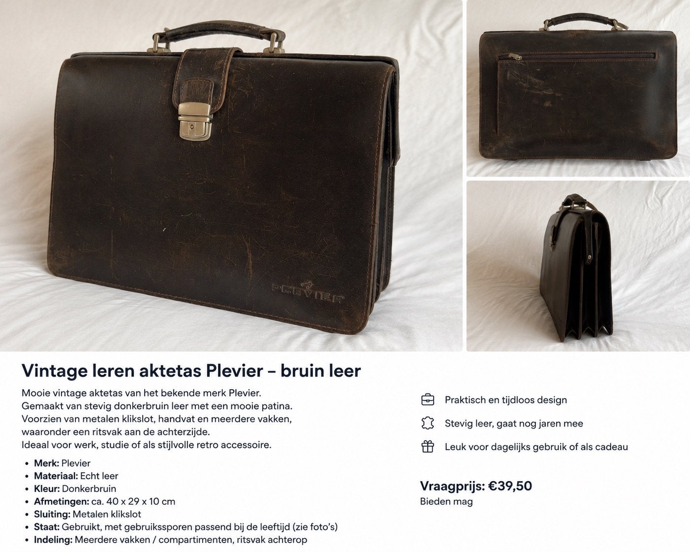 Vintage leren aktetas Plevier donkerbruin, Ophalen, Zo goed als nieuw, Leer, Minder dan 50 cm