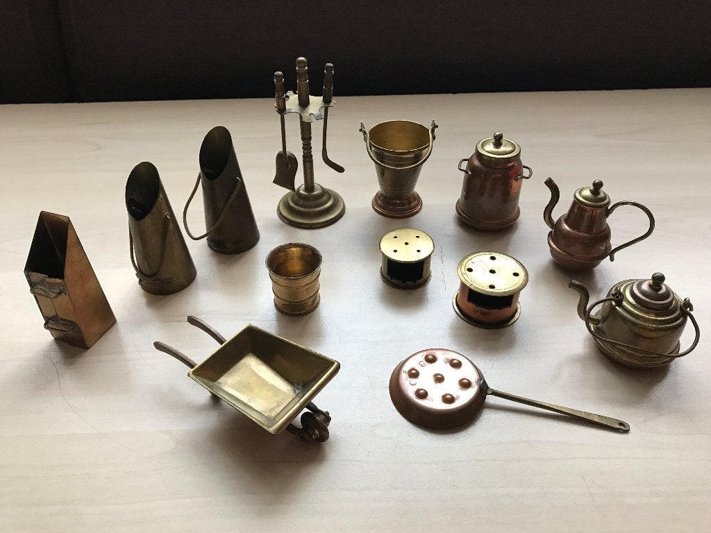 Miniatuur koper/roodkoper kruiwagen stoof ketel e a, Ophalen of Verzenden, Koper