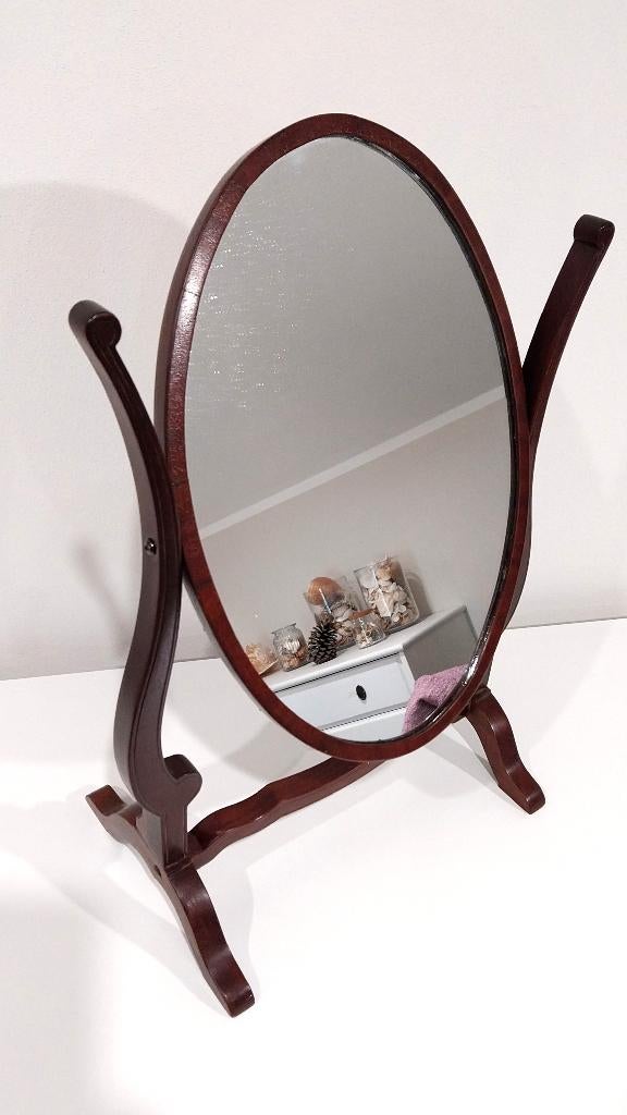 Vintage ovale kantelbare tafelspiegel mahonie houten frame, Antiek en Kunst, Curiosa en Brocante, Verzenden