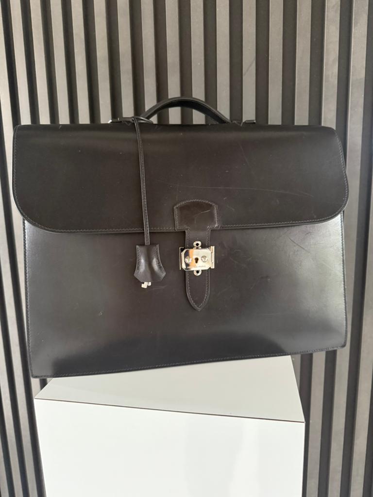 HERMES  Sac a Depeche Bag Unisex Black Box Leather Excellent, 40 tot 60 cm, Gebruikt, Zwart, Minder dan 35 cm