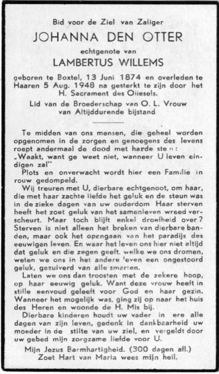 Otter Johanna 1874 Boxtel 1948 Haaren, Ophalen of Verzenden, Bidprentje