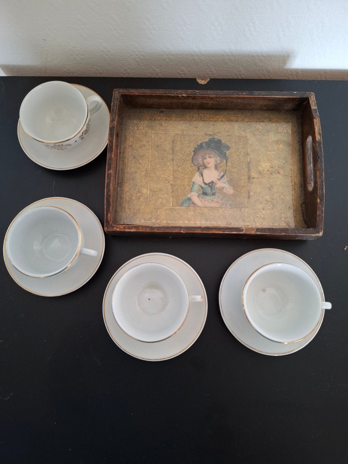 Antieke Chinese kinder kopjes met schoteltjes en dienblad, Antiek en Kunst, Ophalen of Verzenden