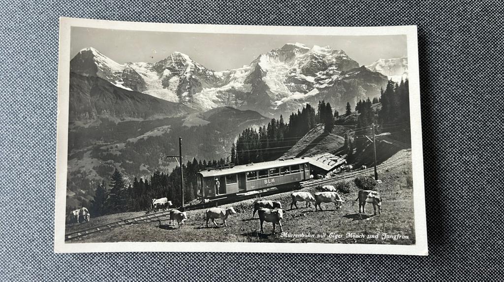 Zwitserland Mürrenbahn met trein en gletsjer, Ophalen of Verzenden, 1940 tot 1960, Gelopen, Overig Europa