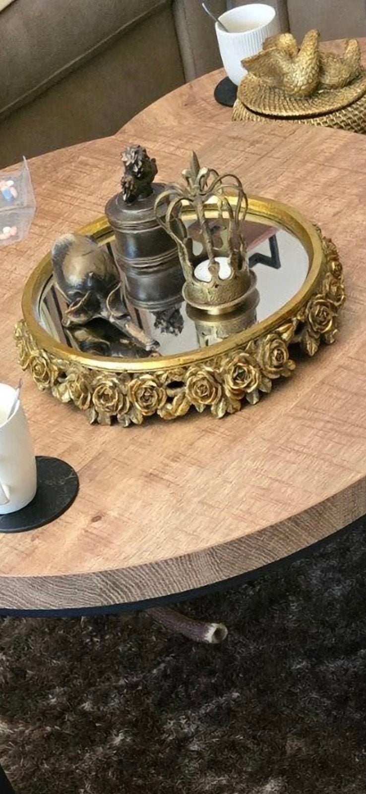 Gouden spiegel dienblad met rozenrand, Gebruikt, Ophalen of Verzenden, Klassiek, Goud