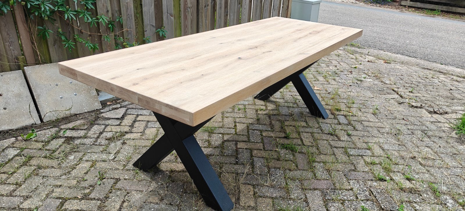Eiken eettafel 240x90 cm met stalen poten, Ophalen, Eikenhout, 200 cm of meer, 50 tot 100 cm