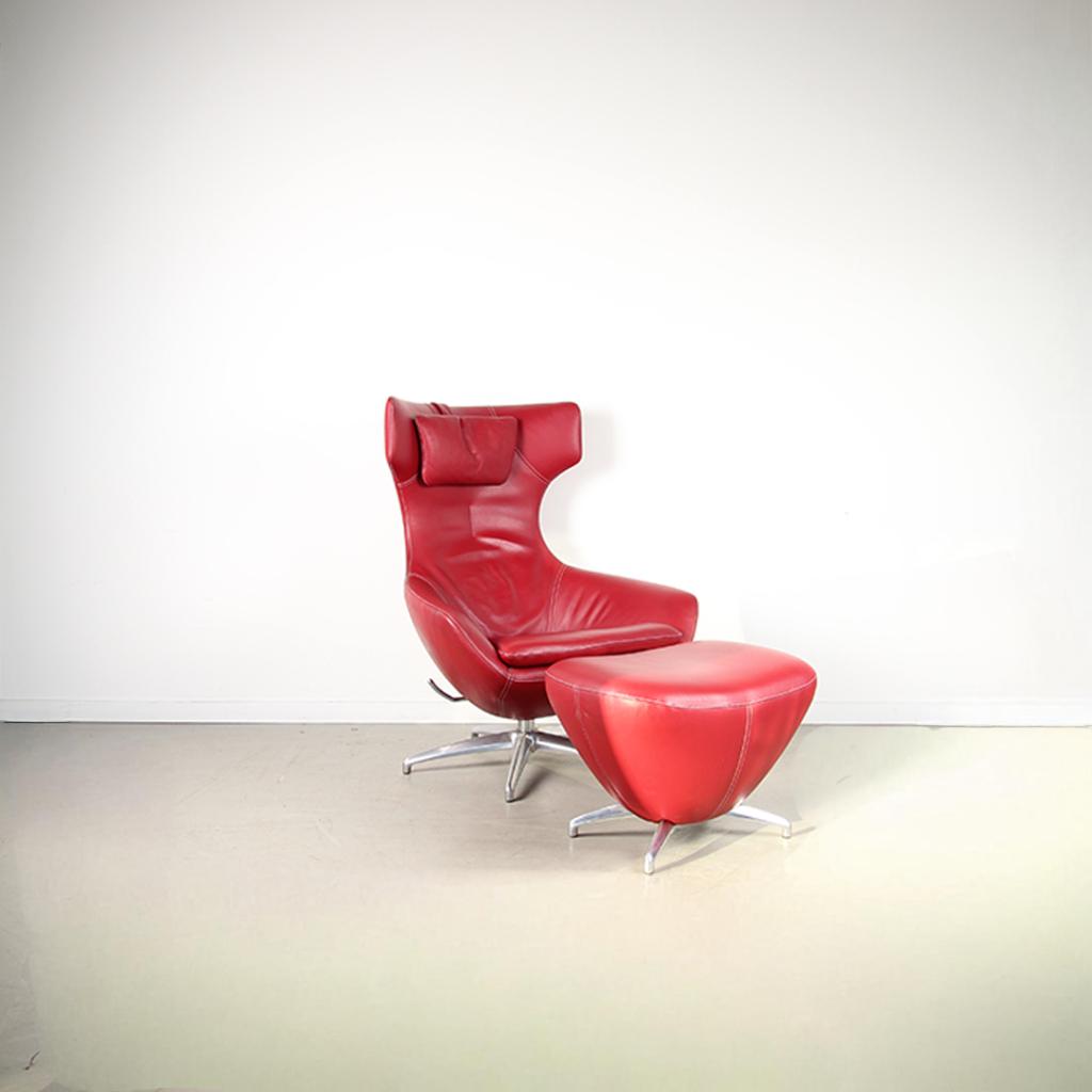 1x Leolux Caruzzo PLUS Fauteuil + Voetenbank Rood – Leer, Niet ingevuld, Niet ingevuld, Ophalen of Verzenden, Zo goed als nieuw