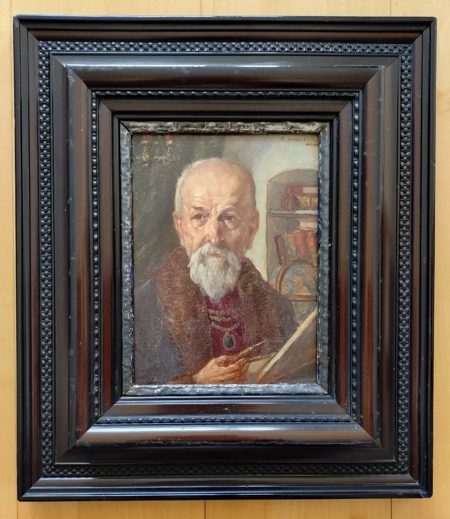 = GESIGNEERD=== wetenschapper met passer ===c a 1900=, Ophalen of Verzenden