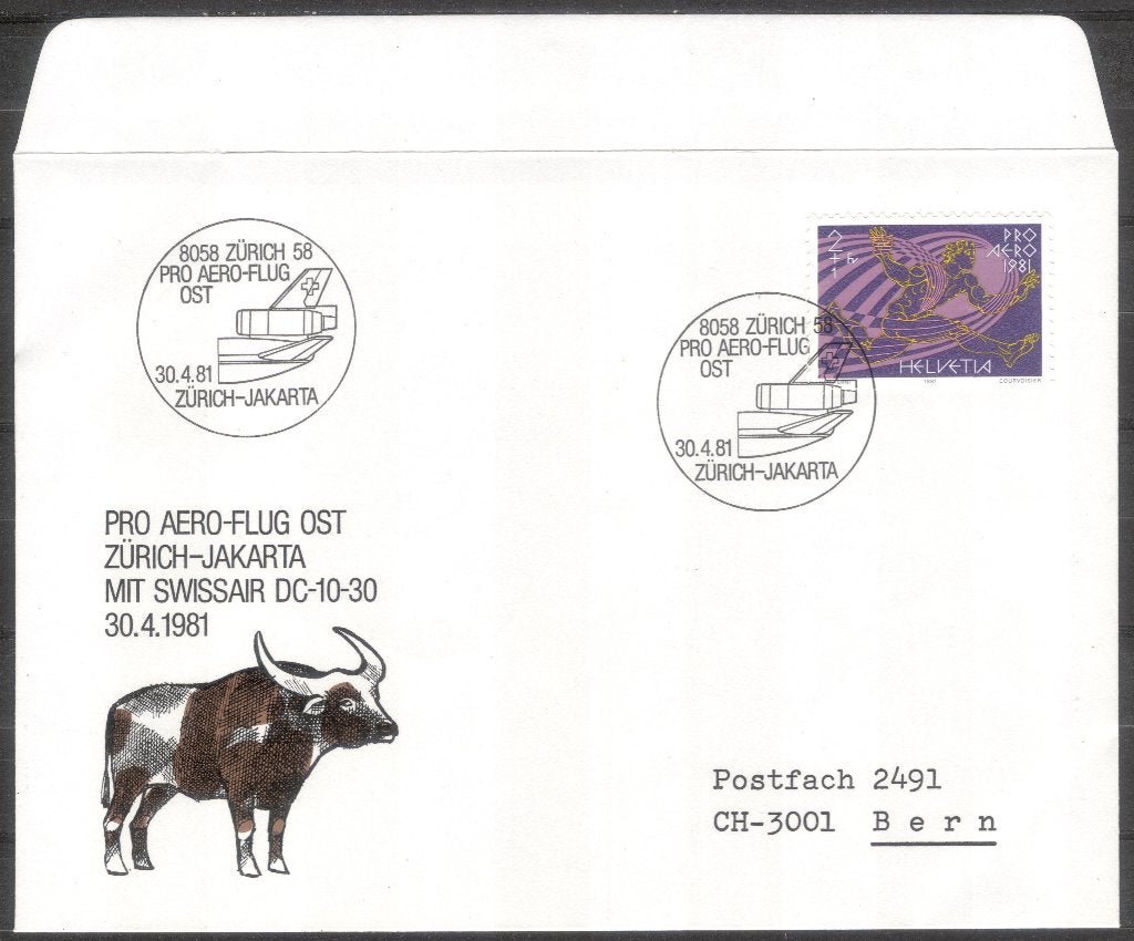 Zwitserland - Pro Aero-flug Ost 1981 - Zürich-Jakarta, Postzegels en Munten, Brieven en Enveloppen | Buitenland, Verzenden, Envelop