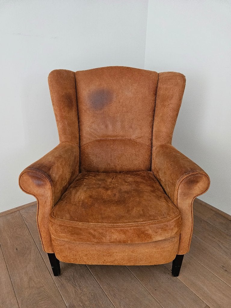 Te koop: mooie, suède leren bruine fauteuil, Ophalen, Gebruikt, 75 tot 100 cm, Leer
