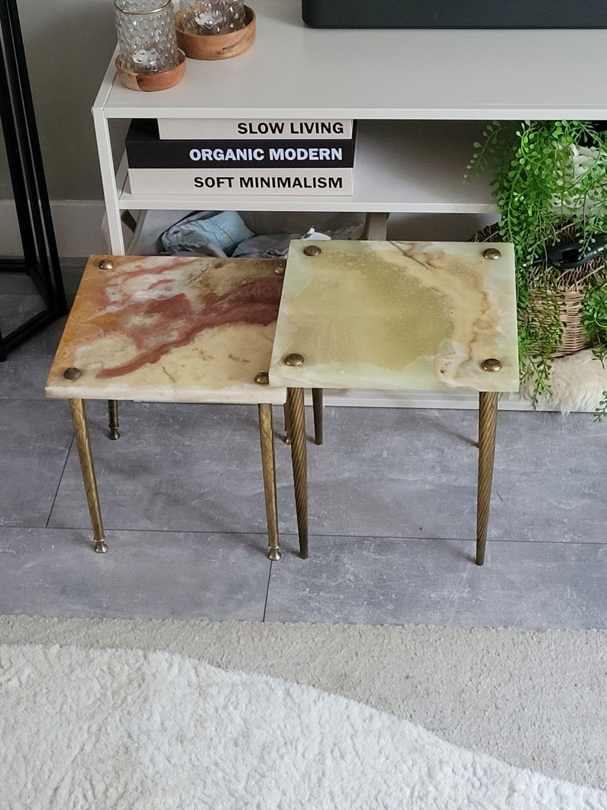 Set bijzettafeltjes Onyx marmer, Huis en Inrichting, Tafels | Bijzettafels, Ophalen, Minder dan 55 cm, Gebruikt, Modern, Luxe, Vintage