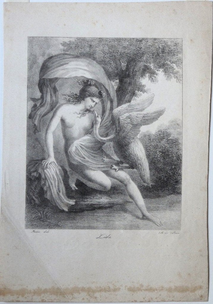 Forlin litho "Leda en de Zwaan", druk Lith. de Villain, Origineel, Ophalen, Personages en Fantasiefiguren, Lithografie