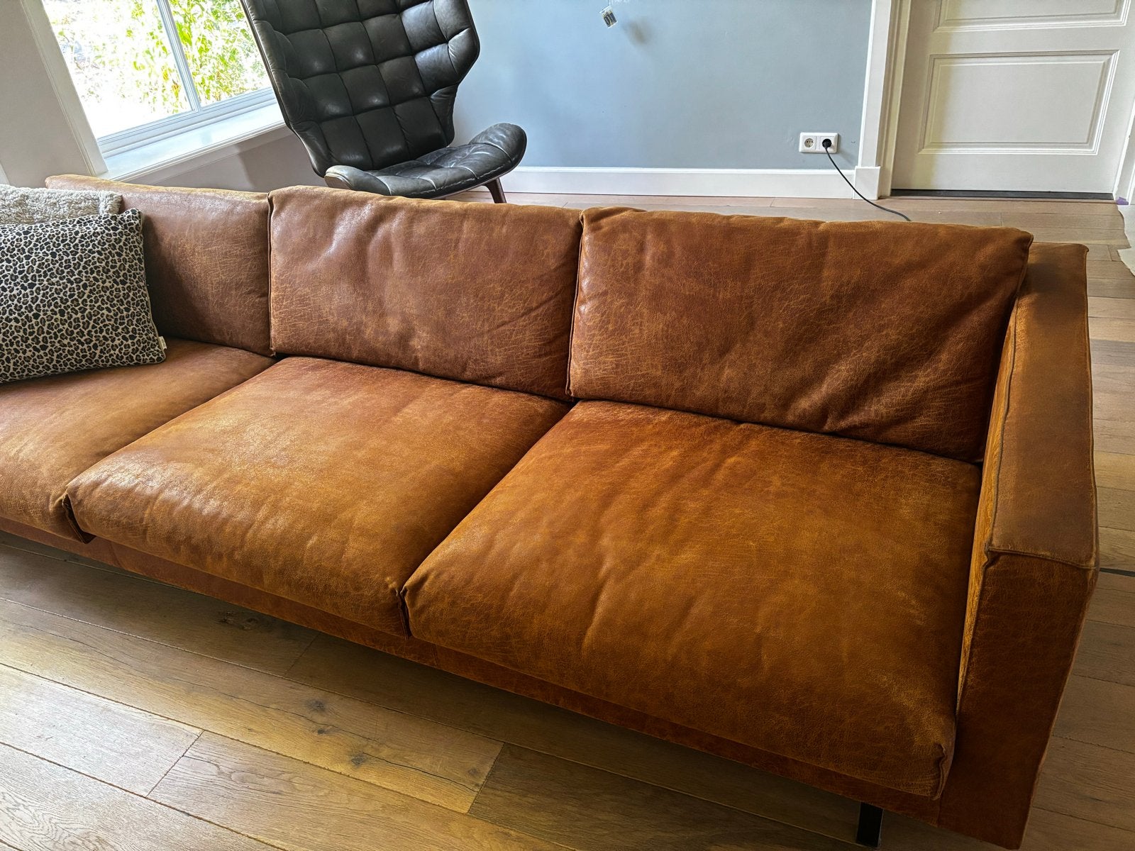 Bodilson Leren Bank - Cognac Kleur - 3-zits, Huis en Inrichting, Banken | Bankstellen, Ophalen, 250 tot 300 cm, Gebruikt, Driepersoons