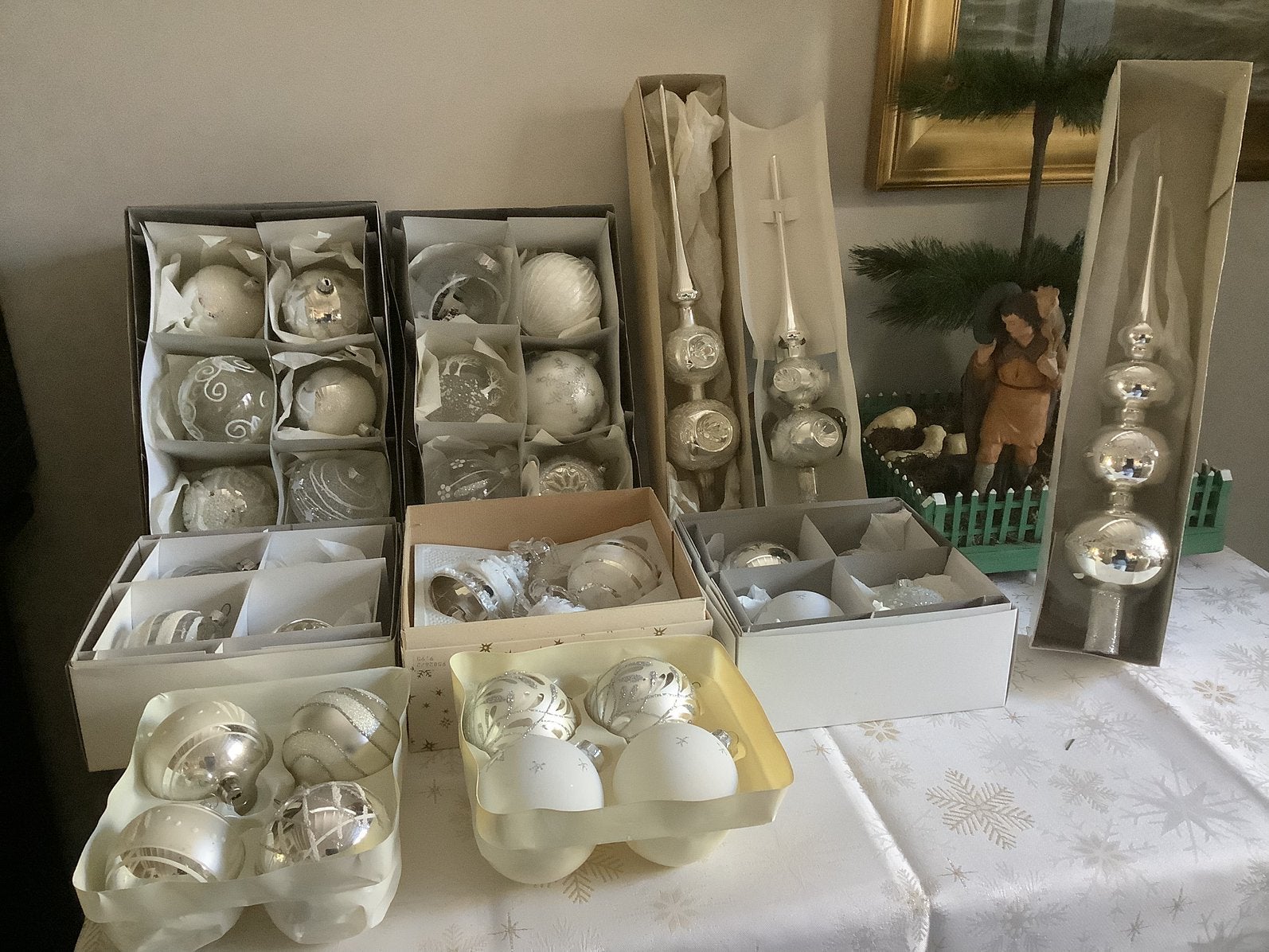 Groot aantal zilveren kerstversiering zilver wit van glas, Diversen, Ophalen of Verzenden, Gebruikt