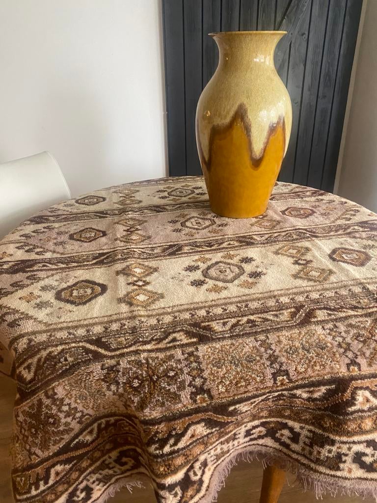 Bruin / beige smyrna handgeknoopt vintage tafelkleed, Ophalen of Verzenden, Zo goed als nieuw