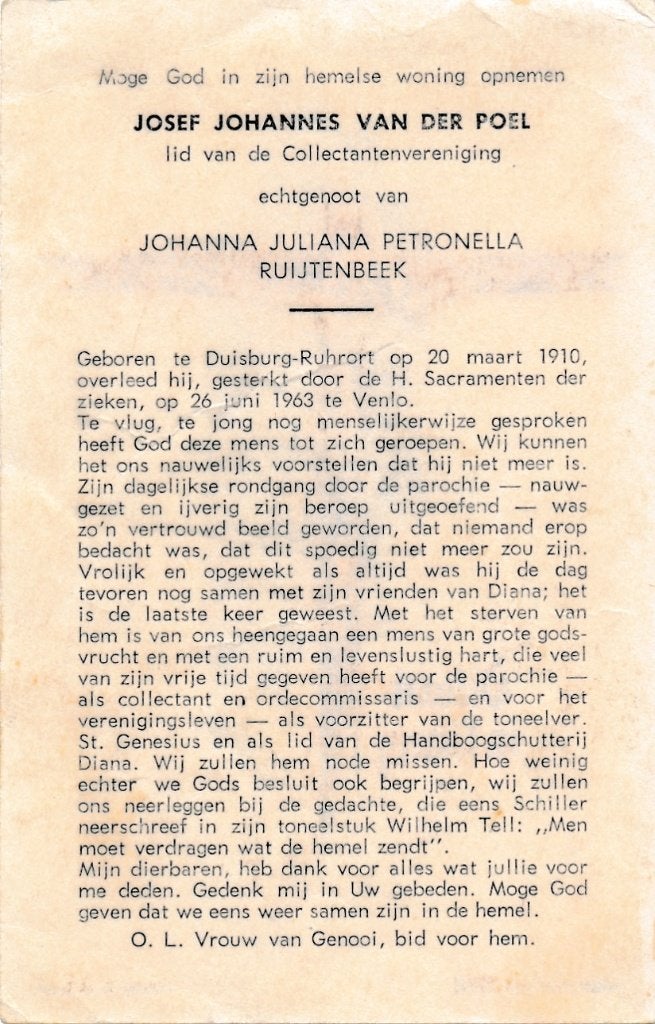 Poel Josef 1910 Duisburg 1963 Venlo, Verzamelen, Bidprentjes en Rouwkaarten, Ophalen, Bidprentje