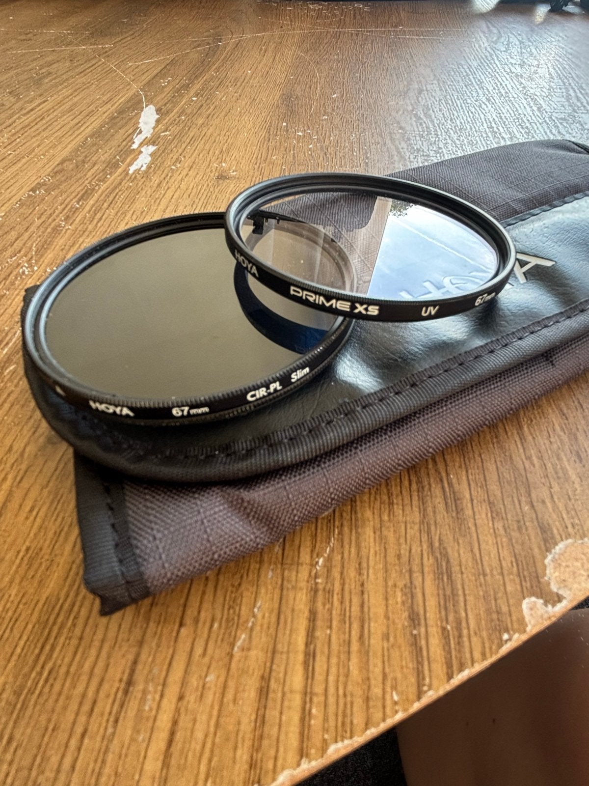 Hoya CIR-PL Slim en Prime XS UV filters 67mm, Polarisatiefilter, 60 tot 70 mm, Ophalen of Verzenden, Zo goed als nieuw