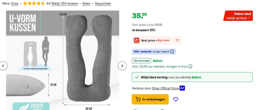 Strex Zwangerschapskussen XXL – 280cm – U-vorm – Grijs, Ophalen, Vierkant, Zo goed als nieuw, Grijs