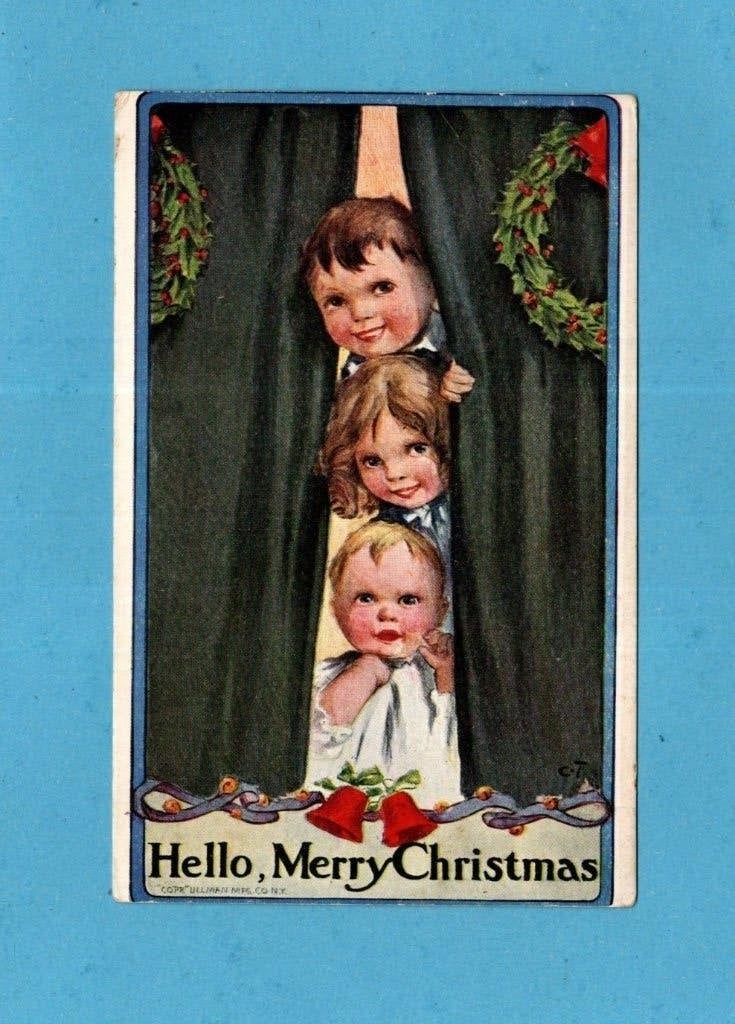 Mooie oude kerstkaart N828 - kinderen kijken door gordijn, Ophalen of Verzenden, Voor 1920, Gelopen, Kinderen