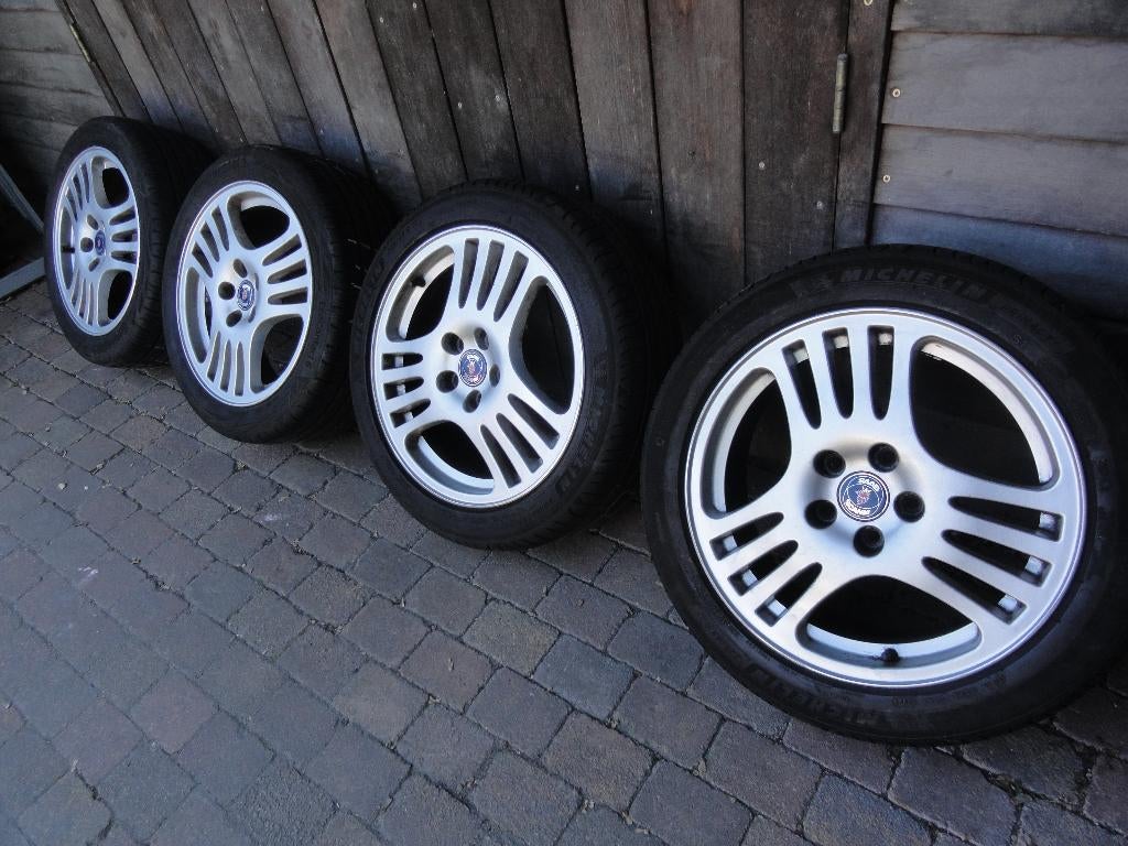 Saab 9-3,9-5 alu velgen origineel met zomerbanden 17 inch, Ophalen, Gebruikt, Banden en Velgen, 17 inch