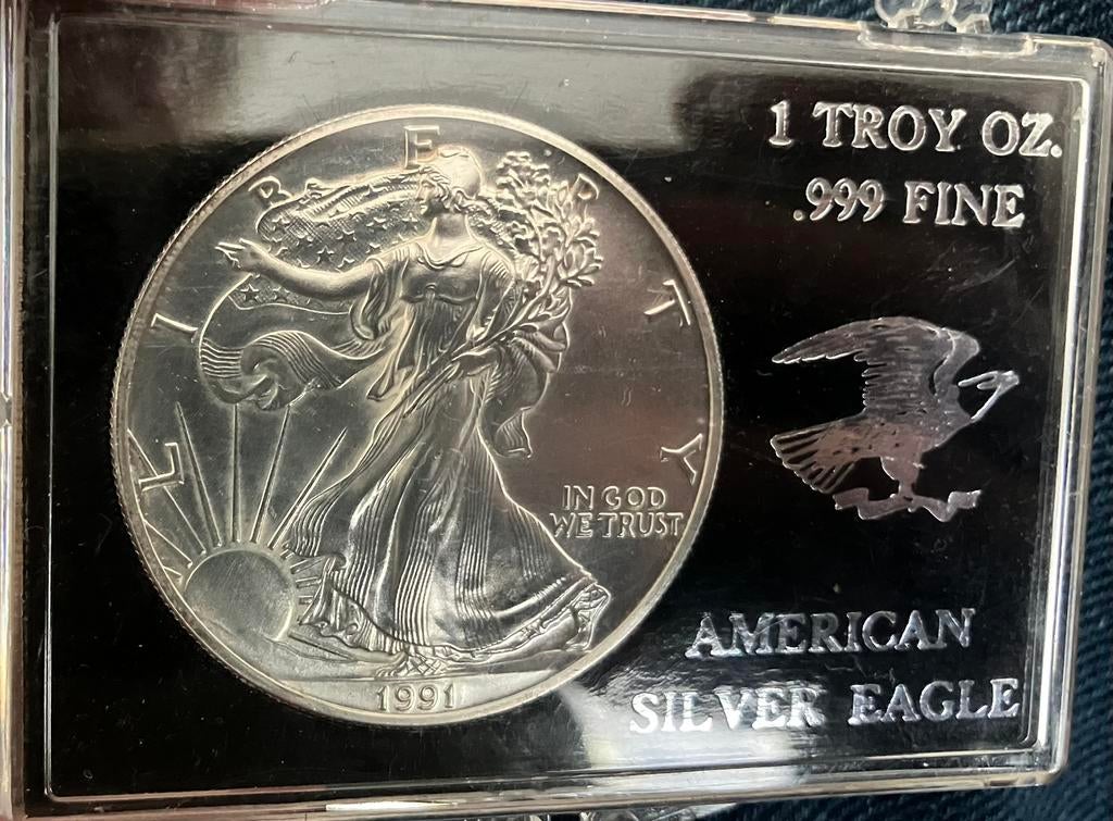 Zilveren munt American Silver Eagle 1 Troy OZ 999 Fine 1991, Ophalen of Verzenden, Noord-Amerika, Losse munt, Zilver