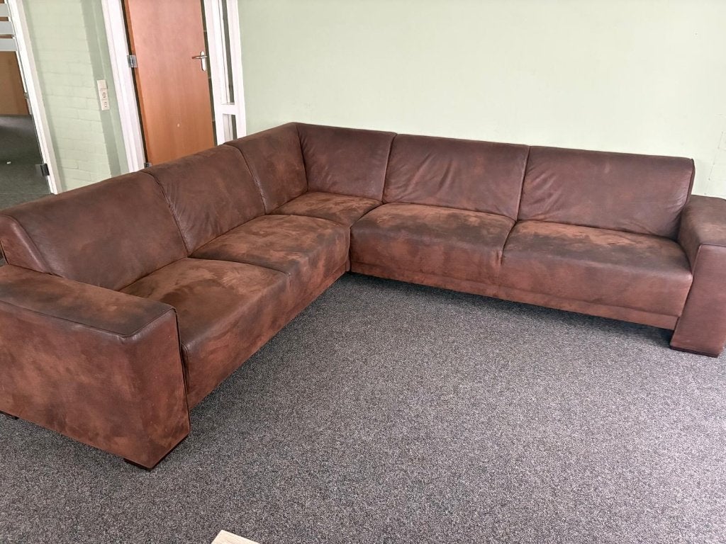 Grote Bruine Hoekbank 230x230 cm – Gebruikt, Ophalen, Gebruikt, 100 tot 125 cm, Hoekbank