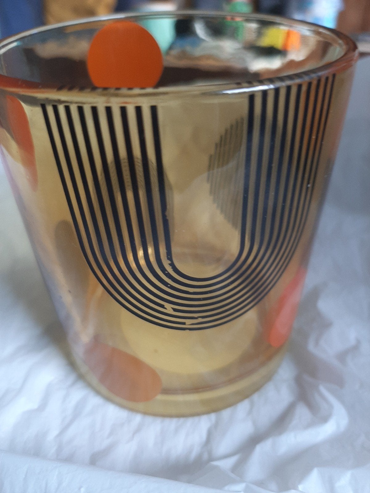 Retro glazen windlicht met grafisch patroon, Vintage, Gebruikt, Meerkleurig, Ophalen of Verzenden