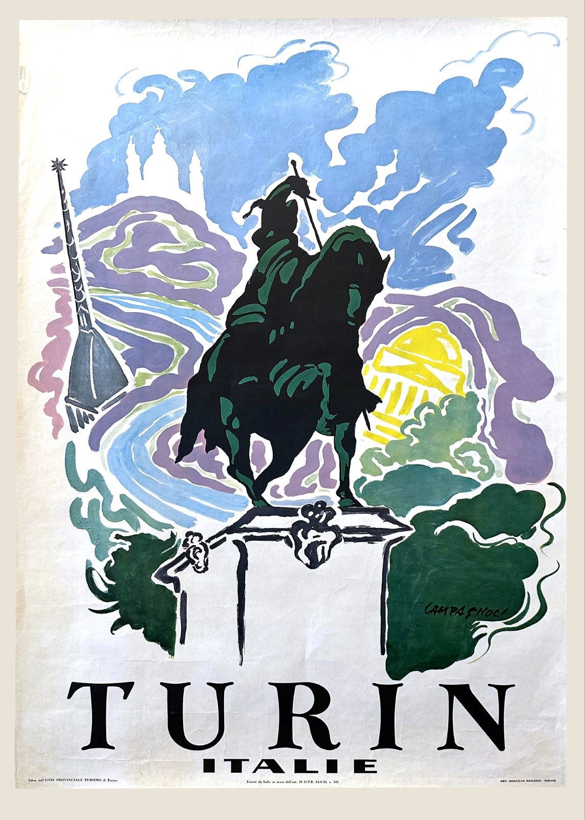 Vintage Toerisme Poster Turijn Italië - Campagnoli, Ophalen of Verzenden, Film en Tv