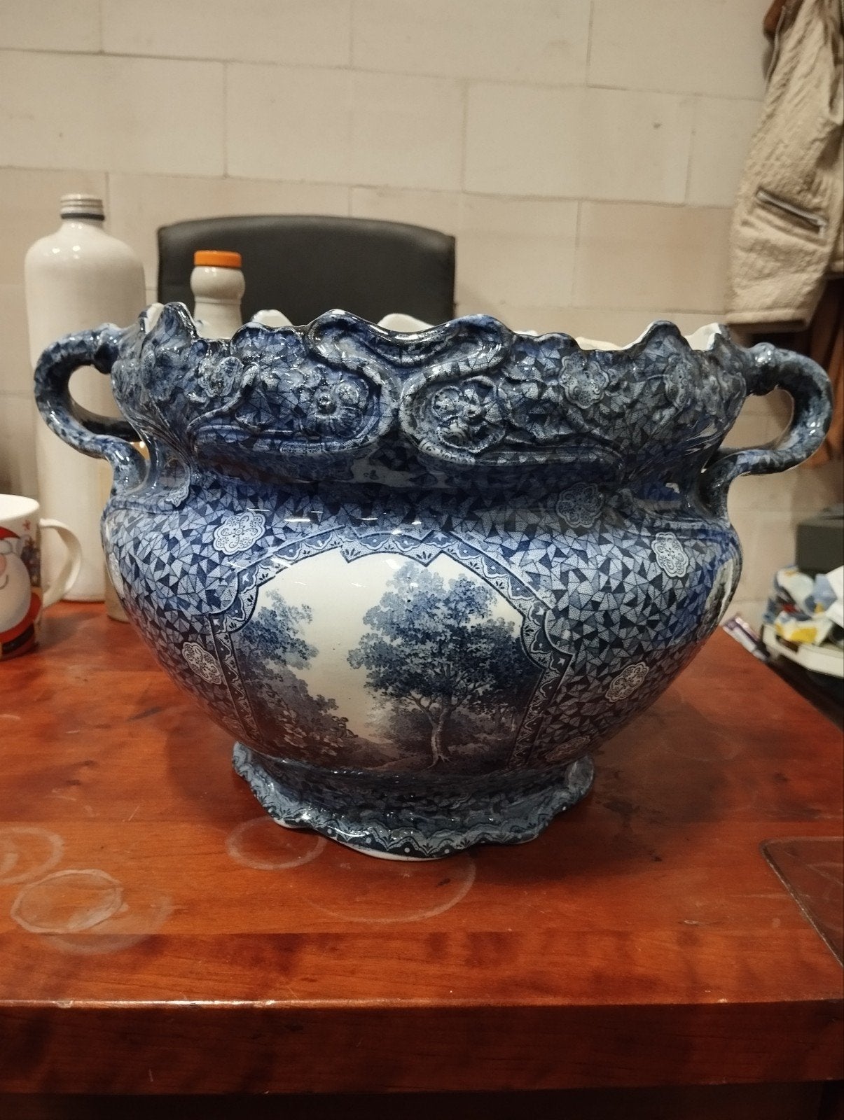 Antieke Villeroy & Boch Delftblauwe Vaas met Landschap, Antiek en Kunst, Ophalen of Verzenden