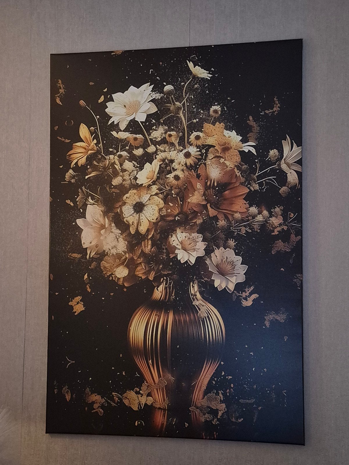 Canvas 80120 Bloemen vaas goud Zwart, Antiek en Kunst, Ophalen of Verzenden
