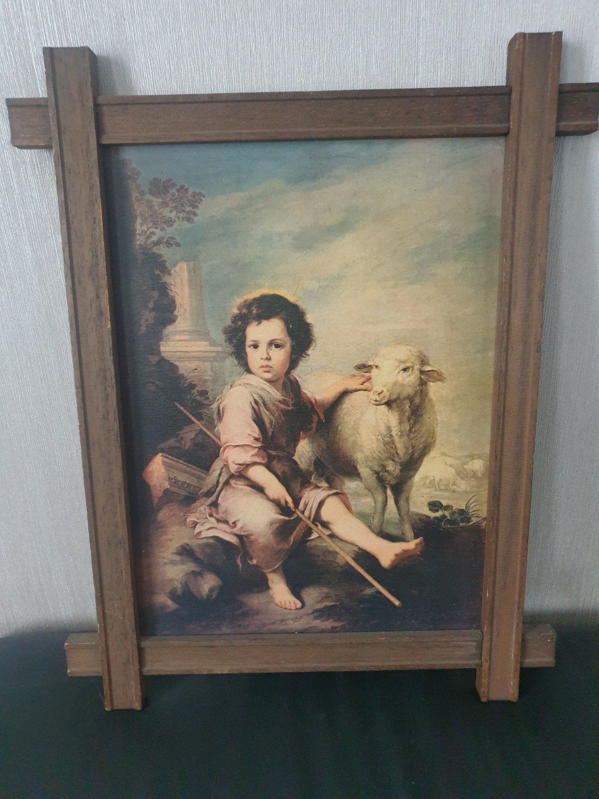 Vintage print van Jezus als kind met lam, Ophalen of Verzenden