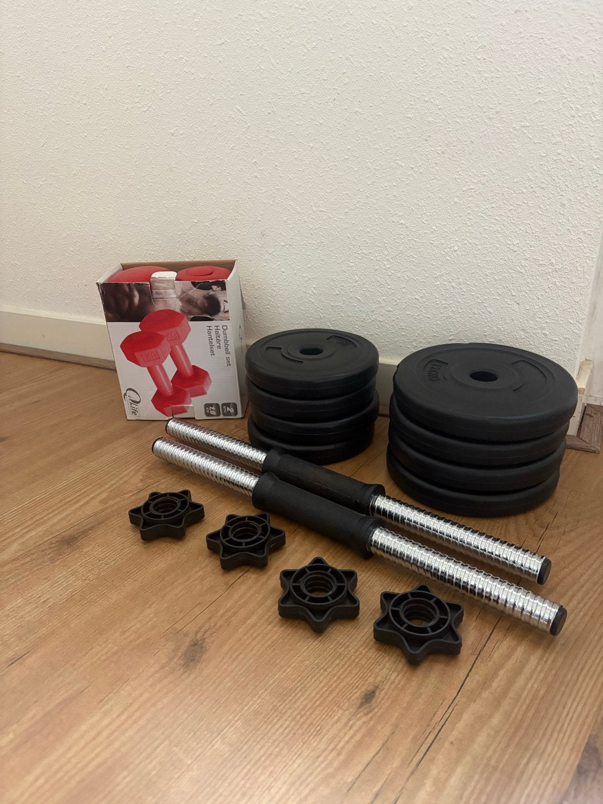 Dumbbellset met halterschijven en curlstang, Ophalen, Gebruikt, Armen, Halterset