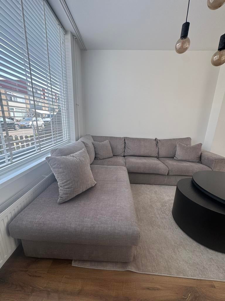 Taupe hoekbank met chaise longue – goede staat, Ophalen, Zo goed als nieuw, Stof