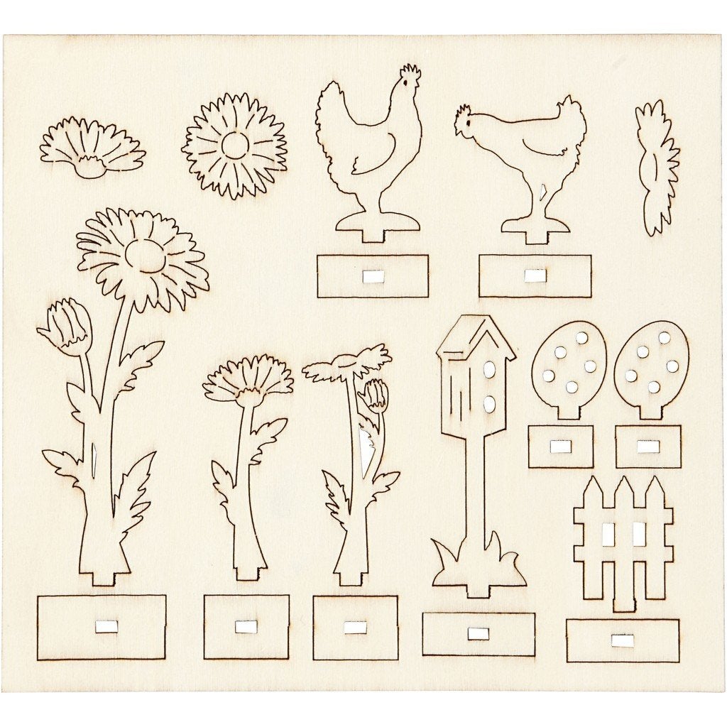 DIY houten figuren bloemen en kippen 16,9 x 15,4 cm dik 2 mm, ., Nieuw, Pasen, .