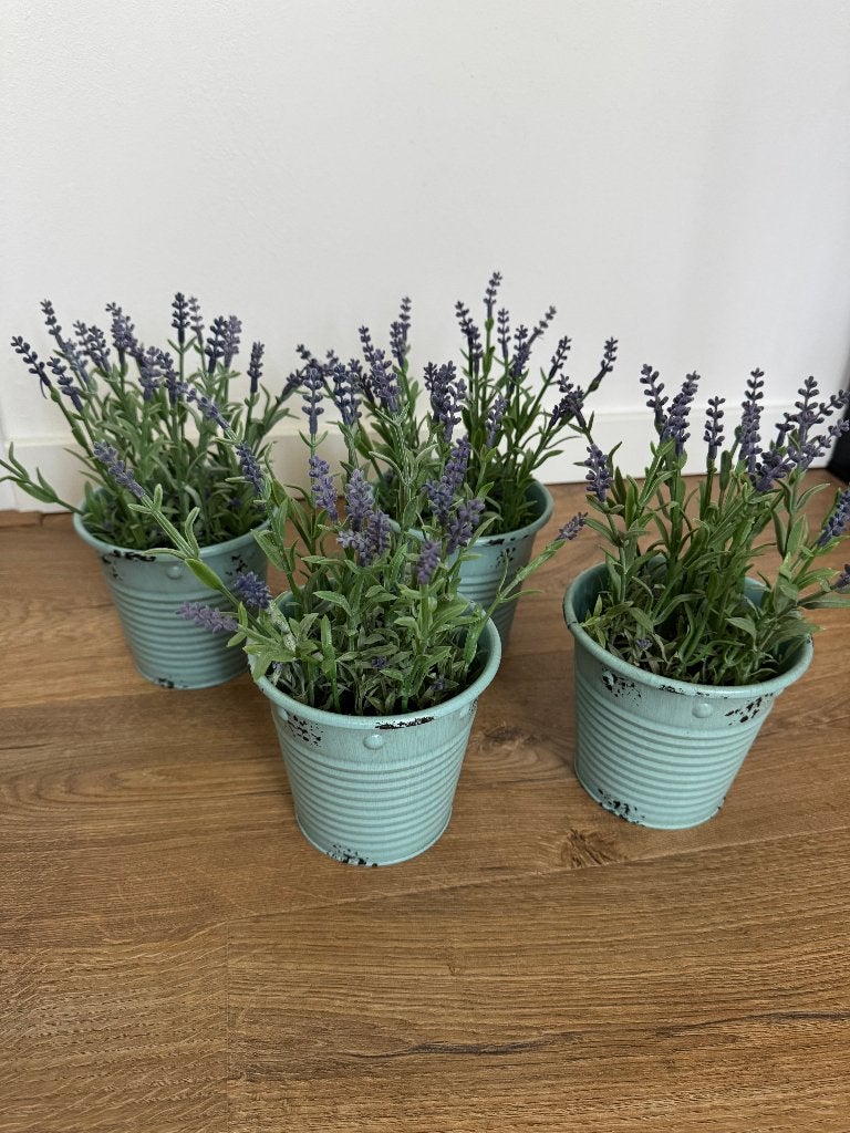 4x kunstlavendel in vintage zinken potjes, Ophalen, Groen, Brocante, Overige materialen